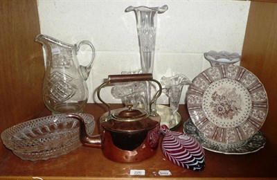 Lot 226 - An epergne, jug and vase, a copper kettle, Nailsea flask, two glass dishes and two plates