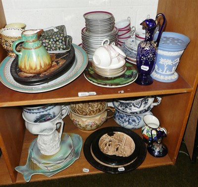 Lot 231 - Two shelves of ceramics and glass including a Shorter & Sons fish service, tea wares, Wedgwood blue