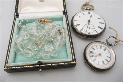 Lot 244 - A silver-cased pocket watch, another, an 18ct gold ring, a pair of gold earrings and a necklace