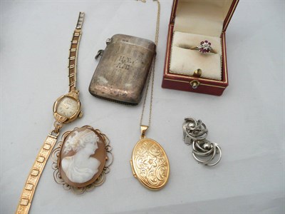 Lot 256 - A silver vesta case, lady's Rotary wristwatch, a ruby-set cluster ring, cameo brooch, locket...