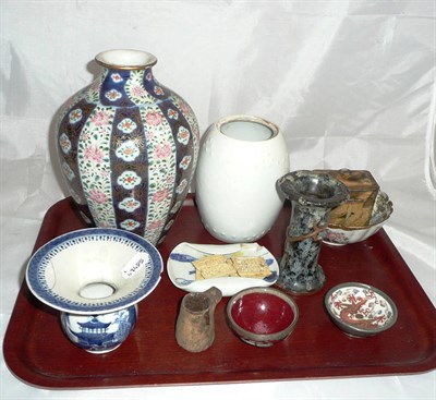 Lot 284 - A Chinese blue and white export spittoon, a Japanese vase, assorted ceramics, Japanese vases...