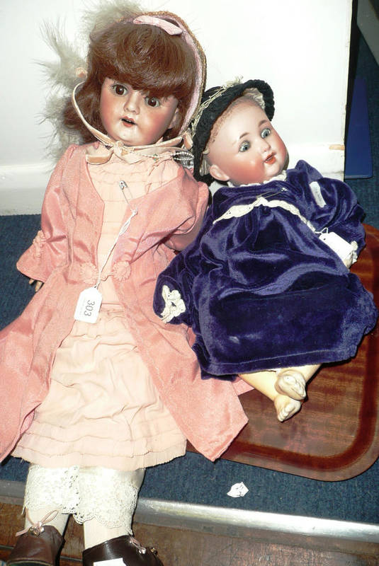 Lot 303 - German bisque socket head character doll 201, with sleeping blue eyes, open mouth, on a bent...
