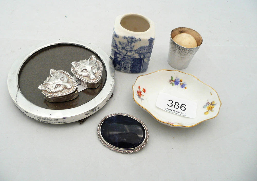 Lot 386 - Two silver fox-head pill boxes, a Meissen pin dish, an ivory ball, a silver photograph frame, a...