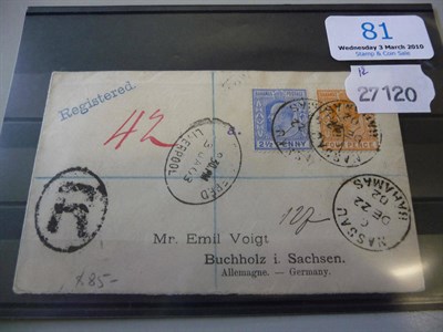 Lot 81 - Bahamas. 1902-1903 Registered envelope bearing 1902 2 1/2d and 4d  from Nassau 22 Dec 02 to...