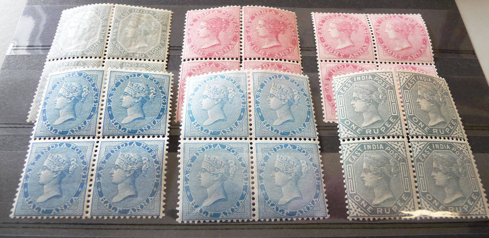 Lot 122 - India. 1867 6a 8p slate, 1868 8a rose and 8a pale rose, 1873 1/2a deep blue and 1/2a blue and...