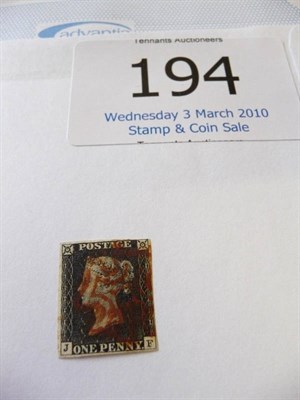 Lot 194 - Great Britain. 1840 1d black J-F, plate 3. Fourth margin just shaved. Small thin, used with red...