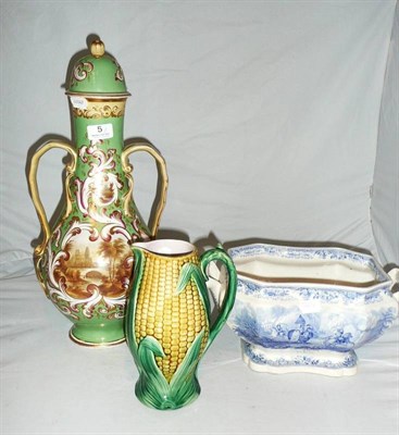 Lot 5 - Large green vase, blue and white soup tureen base and Majolica corn jug