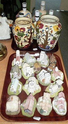 Lot 23 - Two trays of ceramics including a pair of Clarice Cliff tulip moulded table lamps, three...