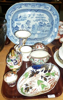 Lot 27 - 19th century blue and white meat plate, Spode trio, sugar basin and an Alcock blue and floral vase