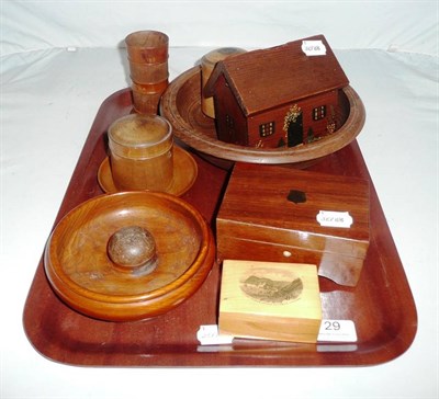 Lot 29 - A collection of treen including a money box, musical box, Mauchline ware, etc