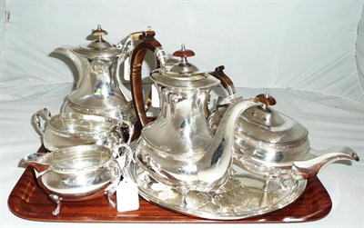 Lot 38 - A five piece plate teaset, a circular tray, a toastrack, a dish and a butter knife