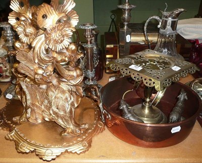 Lot 42 - A Victorian brass trivet, a copper settling pan, a copper small jug, two bronzed metal figures...