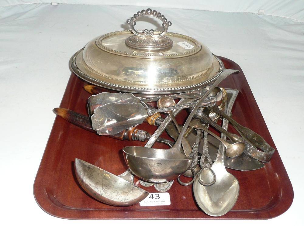 Lot 43 - A plated oval tureen, a Georgian silver ladle, three salt spoons, another and a quantity of...