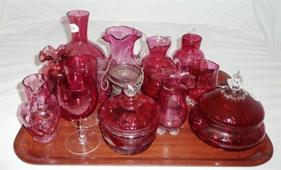 Lot 44 - Tray of fifteen pieces of cranberry glass including powder bowls, jugs, wines, etc