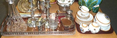 Lot 49 - Child's tea set, quantity of plated wares, decanter etc