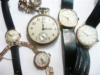 Lot 61 - Two 9ct gold gents' wristwatches, two 9ct ladies wristwatches and a plated pocket watch and chain