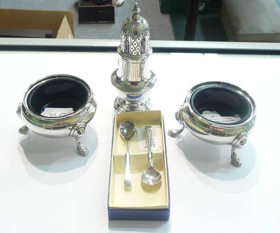 Lot 71 - A silver three piece condiment set in the Georgian style, London 1969 with spoons