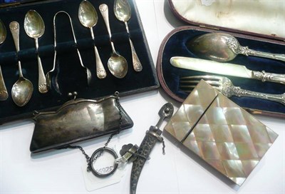Lot 77 - Cased silver three piece christening set, set of six silver teaspoons and tongs, silver purse,...