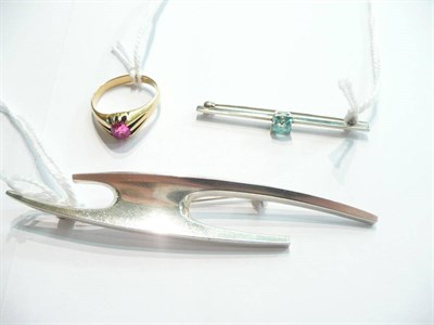 Lot 84 - Danish 60's/70's silver brooch, blue zircon knife-edge brooch and a red paste ring