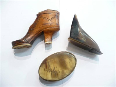 Lot 94 - Two horn snuff boxes (one Irish) and a shoe snuff box