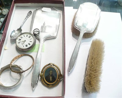 Lot 103 - A three piece silver dressing table set, gilt metal brooch, two bangles, caddy spoon and hallmarked
