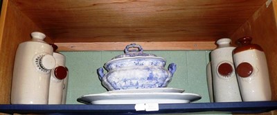 Lot 107 - Three blue and white platters, blue and white soup tureen and six stoneware hot water bottles