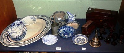 Lot 118 - Mahogany tea caddy, Copeland & Garret blue and white shell-shaped dish, oval meat plates, blue...
