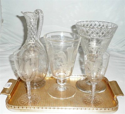 Lot 145 - Late Victorian fern-etched claret jug and a pair of glasses, large rose engraved goblet and a...