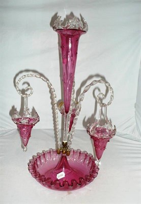 Lot 147 - Cranberry glass epergne (a.f.)