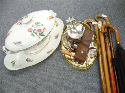 Lot 158 - Tureen stand, a plated sauce boat, a small galleried tray, plated cutlery, meat skewers, silver...