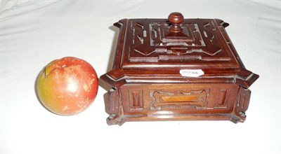 Lot 161 - Terracotta apple money box and a fretwork box