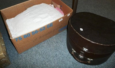 Lot 186 - Box of assorted white linen, drawn-thread work, bed cover, hat box etc