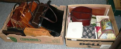 Lot 193 - Two boxes of handbags, collar box, tins etc