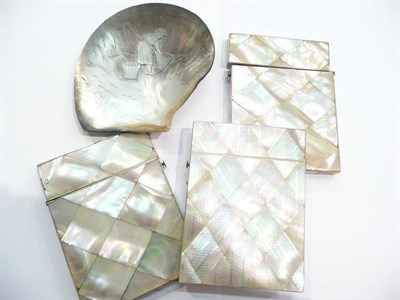 Lot 194 - Three mother of pearl calling card cases and a carved shell