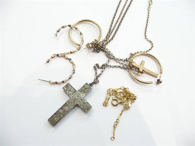 Lot 210 - A 9ct gold cross on a belcher necklet, an anklet, two pairs of hoop earrings and a silver cross...