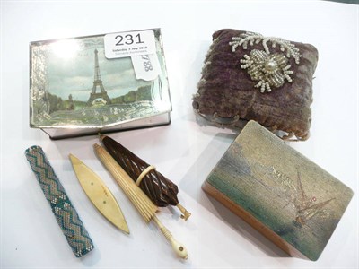 Lot 231 - Pin cushion, Stanhope Viewer of Liverpool, tatting shuttle and a beadwork needlecase