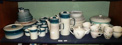 Lot 237 - A shelf of ceramics including a Wedgwood Blue Pacific tea and dinner service, a Meakin part...