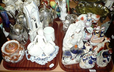 Lot 269 - Two trays of Staffordshire figures, Wesley figure, silver plate, etc