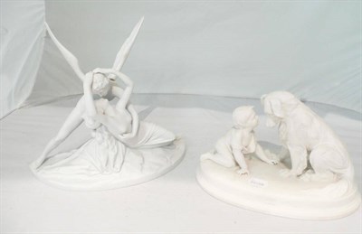 Lot 283 - Two Continental Parian figure groups - boy with dog and Eros and Psyche (2)