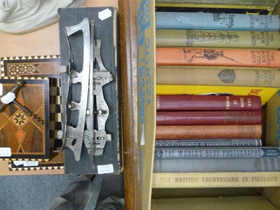 Lot 286 - Inlaid chessboard & chess pieces in inlaid box, a vintage corkscrew, a pair of ice skates and a...