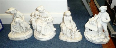 Lot 288 - Four Continental Parian figure groups of children with pets