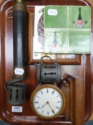 Lot 290 - Oak cased mantel clock, telescope, pewter mustard and tiles