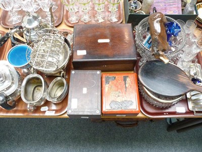 Lot 293 - Two trays of silver plated ware, glass, a box of bottles, four jewellery and sewing caskets etc