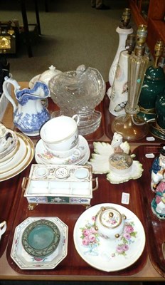 Lot 302 - Three trays and a box of ceramics, glass and ornamental items including table lamps, a Paris...