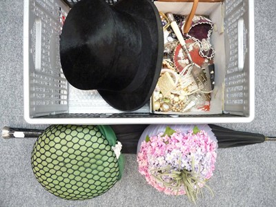 Lot 306 - Two lady's hats, top hat, parasol and costume jewellery etc (box)