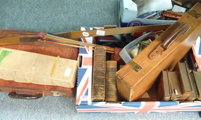 Lot 307 - Quantity of buttons, two leather brief cases, cap badges, bow and arrows, etc