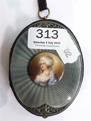 Lot 313 - A Continental lady's purse set with a small miniature portrait on a grey guilloche enamel ground.