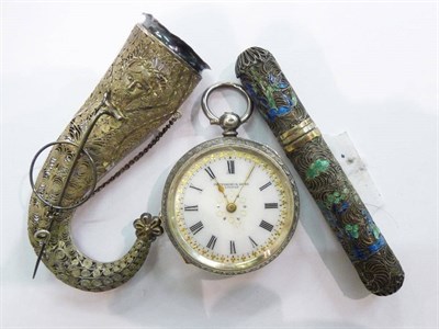 Lot 315 - Silver cased Swiss fob watch, a silver filigree nosegay brooch, silver and enamelled needle case