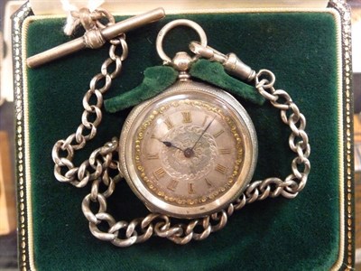 Lot 317 - Silver cased Swiss pocket watch and silver chain