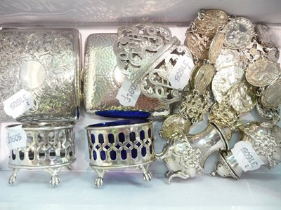 Lot 328 - A small quantity of silver, including pair of peppers, belt buckle, pair of salts (one liner...